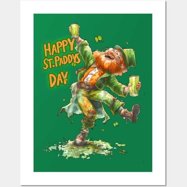 Happy St. Paddys Day Leprechaun For Leaf Clover shamrocks Green Beer St Patrick's Day Wall Art by Tees 4 Thee